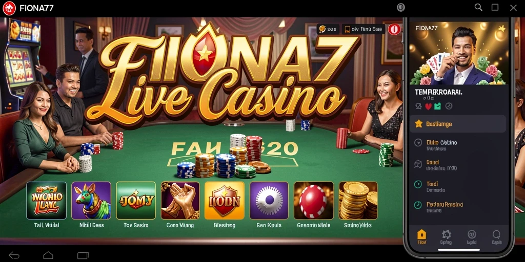 Screenshot utama FIONA77 menampilkan dealer langsung dan suasana kasino yang menarik.