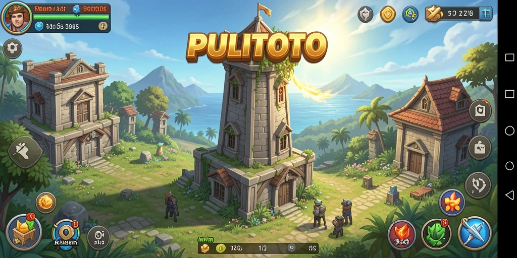 Screenshot gameplay PULITOTO menampilkan menara strategis dalam aksi.