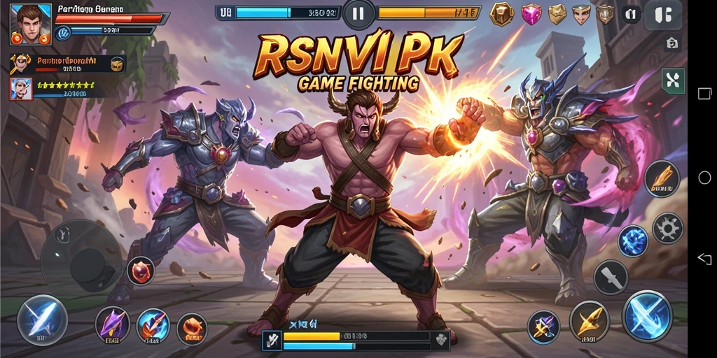 Tangkapan layar gameplay RSNVIP8 menampilkan aksi bertarung yang dramatis dan mendebarkan di arena.