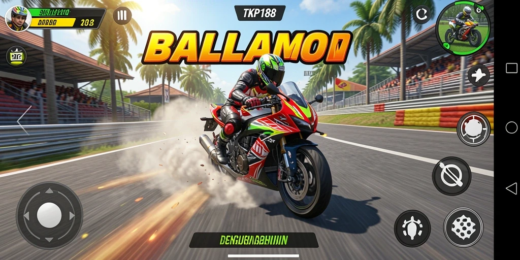 Screenshot gameplay TKP188 yang menampilkan aksi balapan motor cepat.