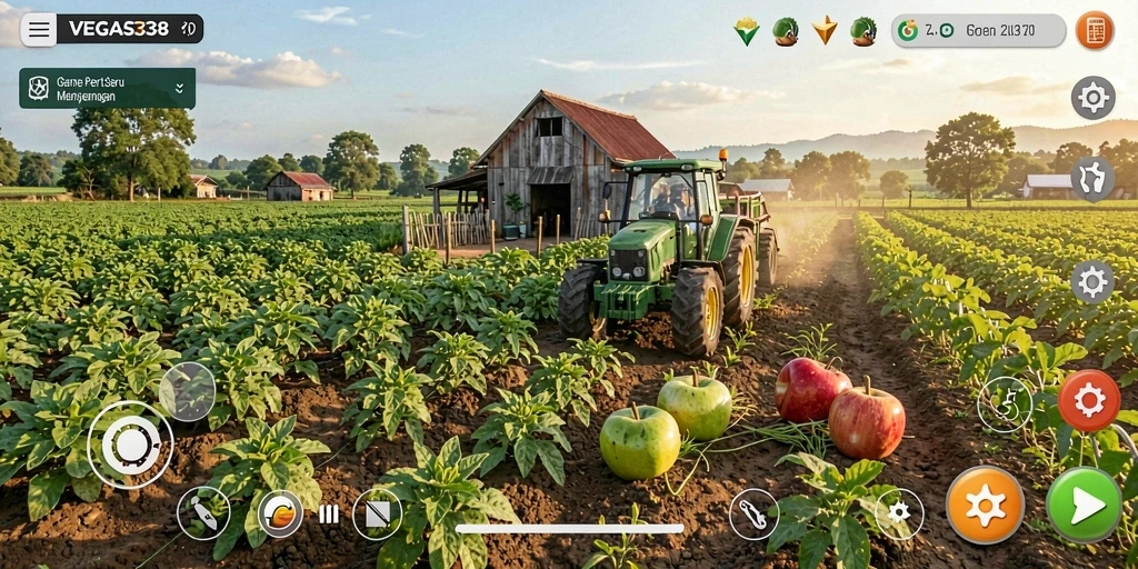 Tangkapan layar gameplay menunjukkan kebun yang subur dan beragam tanaman.